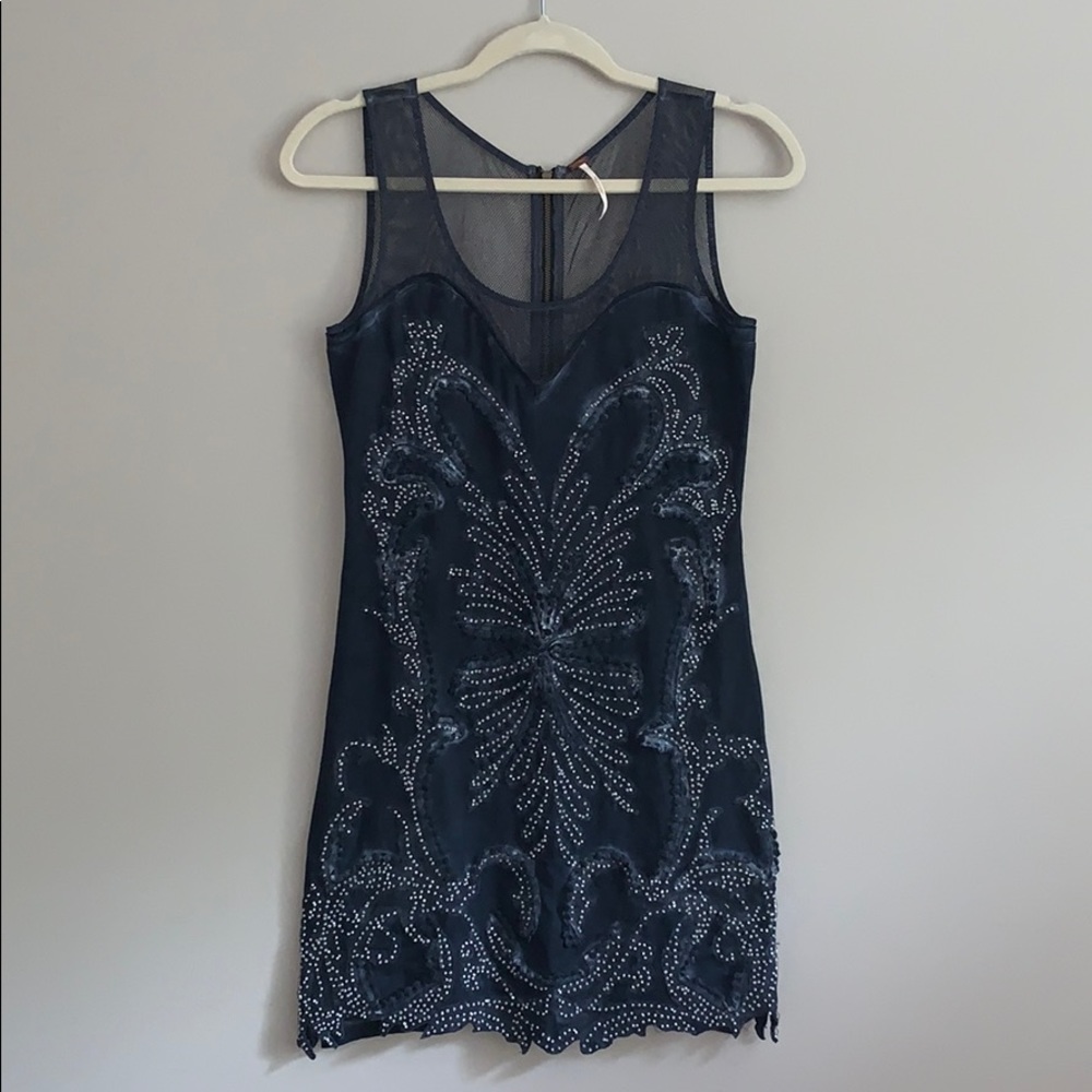 FREE PEOPLE • Blue Knit /Beaded Dress • Size Small
